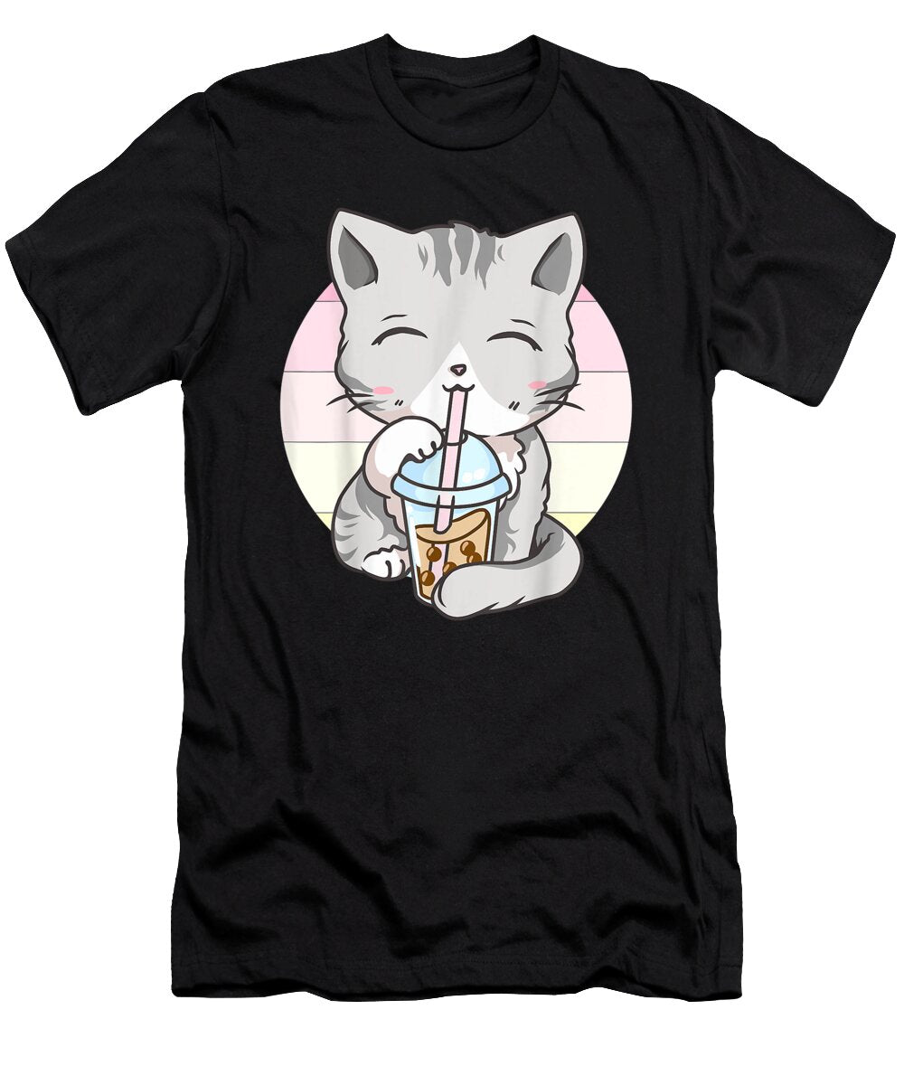 Courageous Passion Cute Kawaii Cat Boba Bubble Milk Tea Anime Neko Retro Sunset Cute Fan Ezone Prints T-Shirt