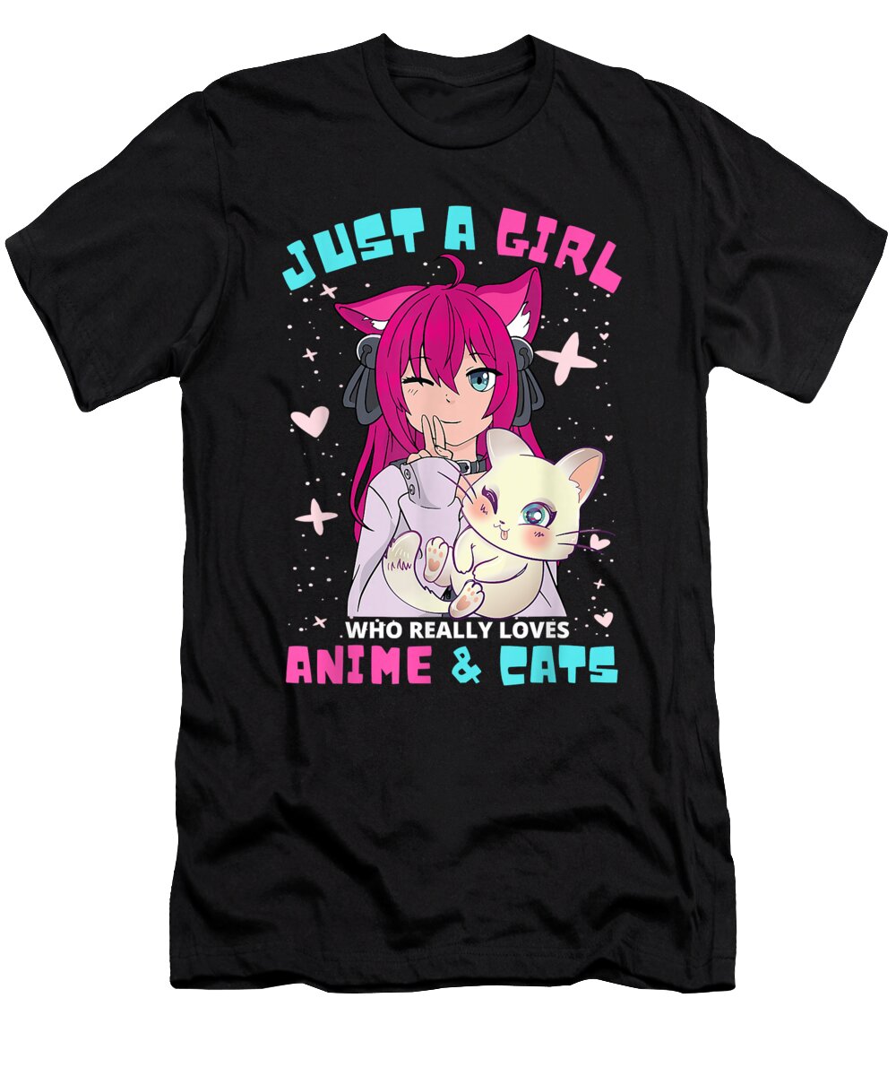 Courageous Passion Just a Girl Who Really Loves Anime and Cats Kawaii Teen Kids Gift for Ezone Prints T-Shirt