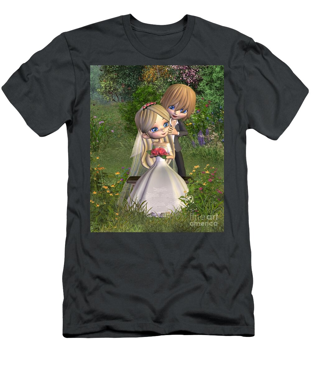 Cute Toon Wedding Couple in a Garden Fairy Fantasies T-Shirt