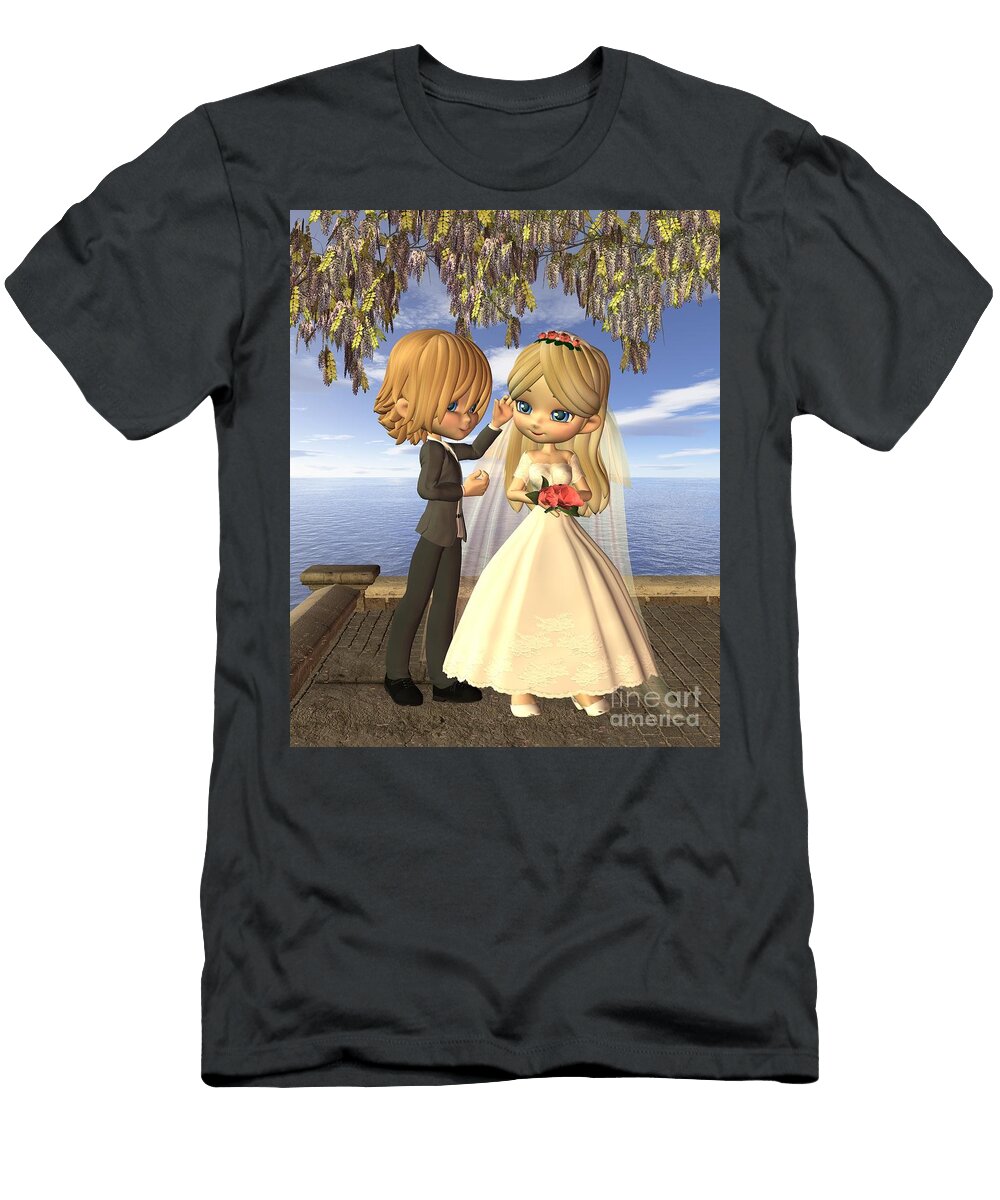 Cute Toon Wedding Couple on a Seaside Balcony Fairy Fantasies T-Shirt