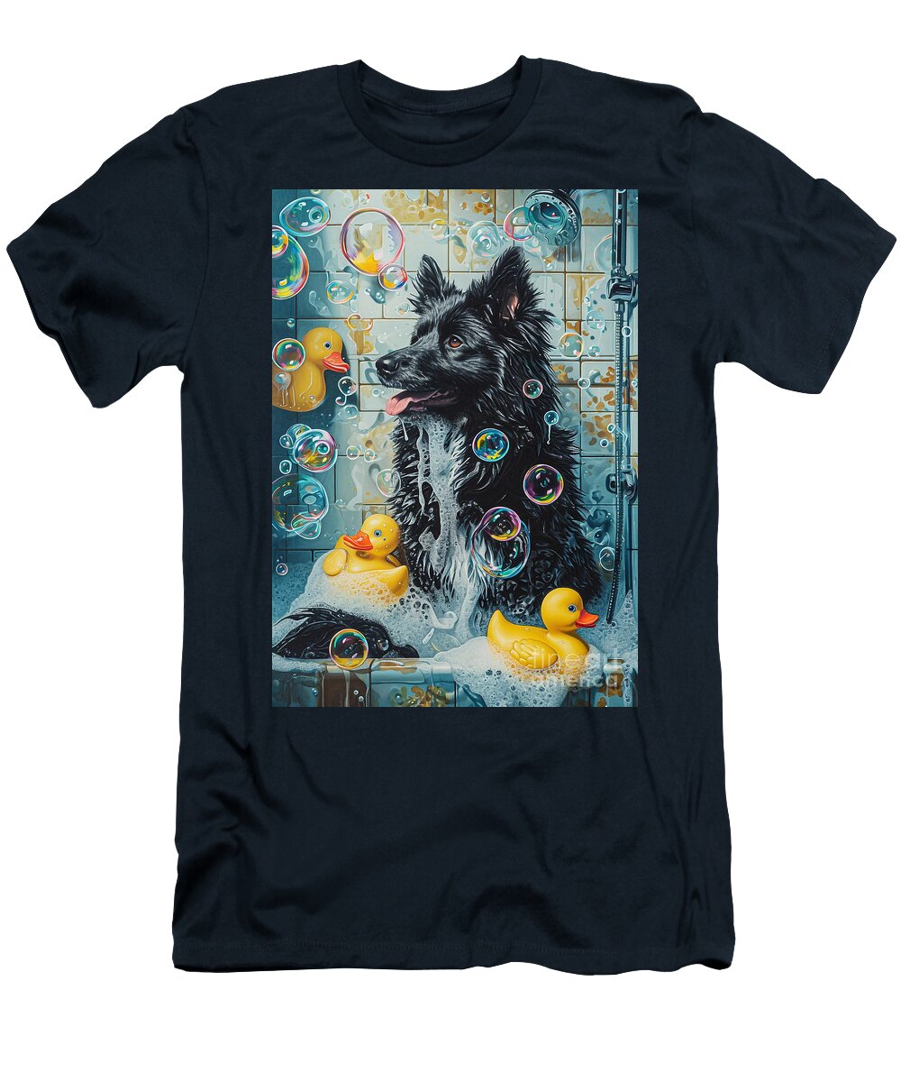 Finnish Lapphund Dog Frolicking in a Bubbly Bathtub Adrien Efren T-Shirt