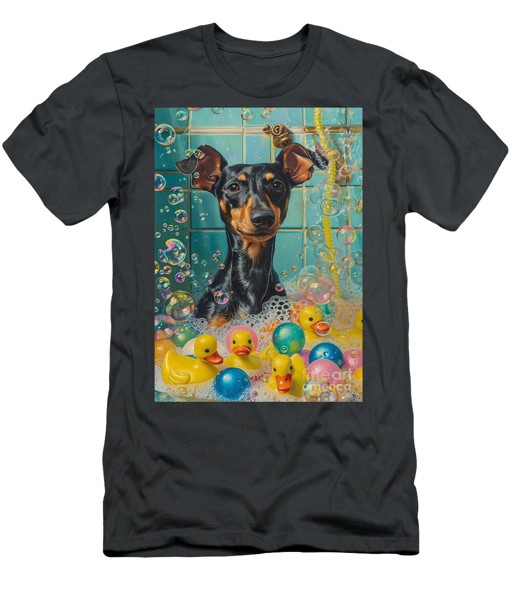 Manchester Terrier Dog Frolicking in a Bubbly Bathtub Adrien Efren T-Shirt