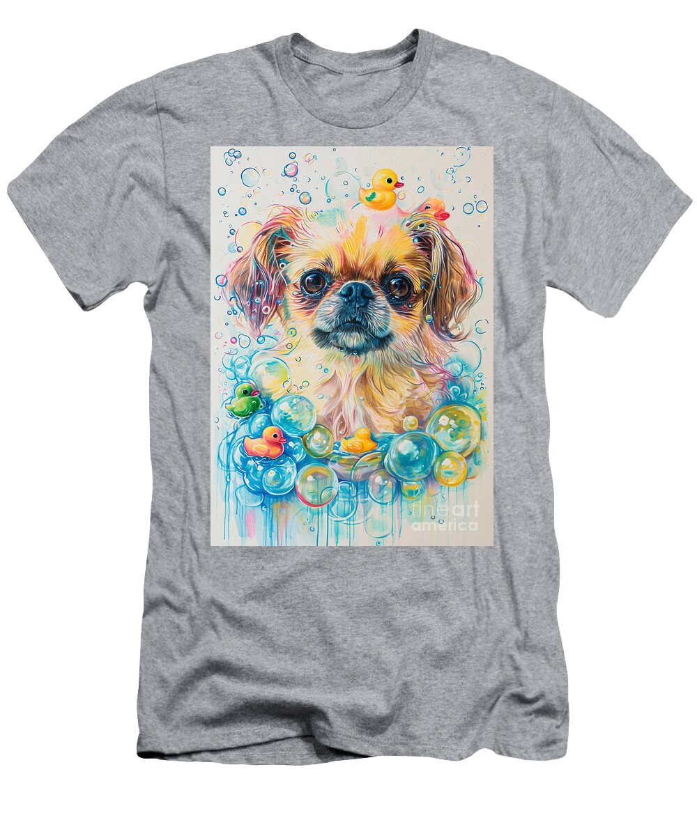 Pekingese Dog Enjoying a Bubbly Bath Adrien Efren T-Shirt