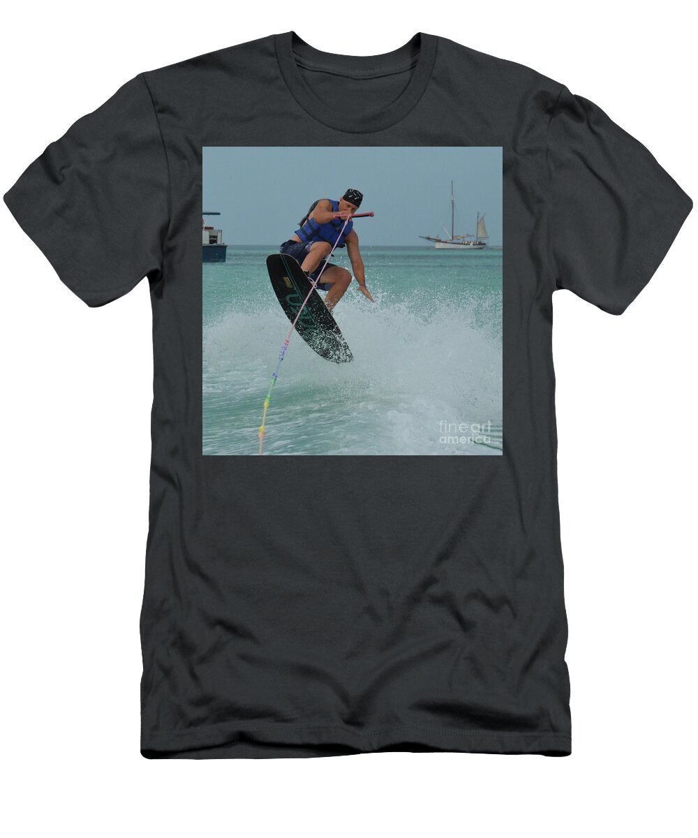 Wakeboarding Guy in the Air During a Jump in Aruba Dejavu Designs T-Shirt
